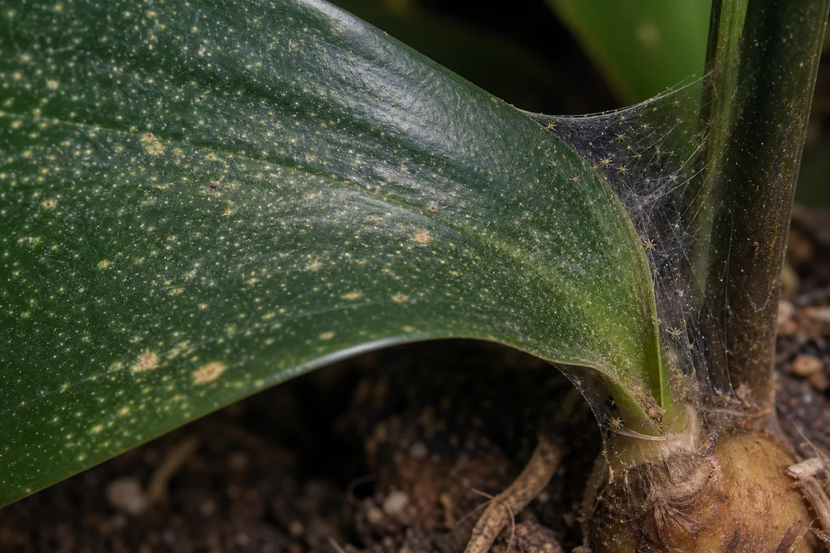 Close-up of spider mites on Cast Iron Plant - fine yellow-white stippling on a dark glossy leaf and silk webbing at the petiole base