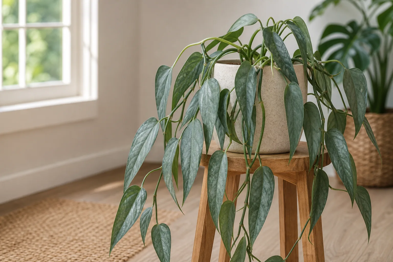 Drooping leaves on Cebu Blue Pothos - silvery arrow-shaped blades hanging limply along the vine