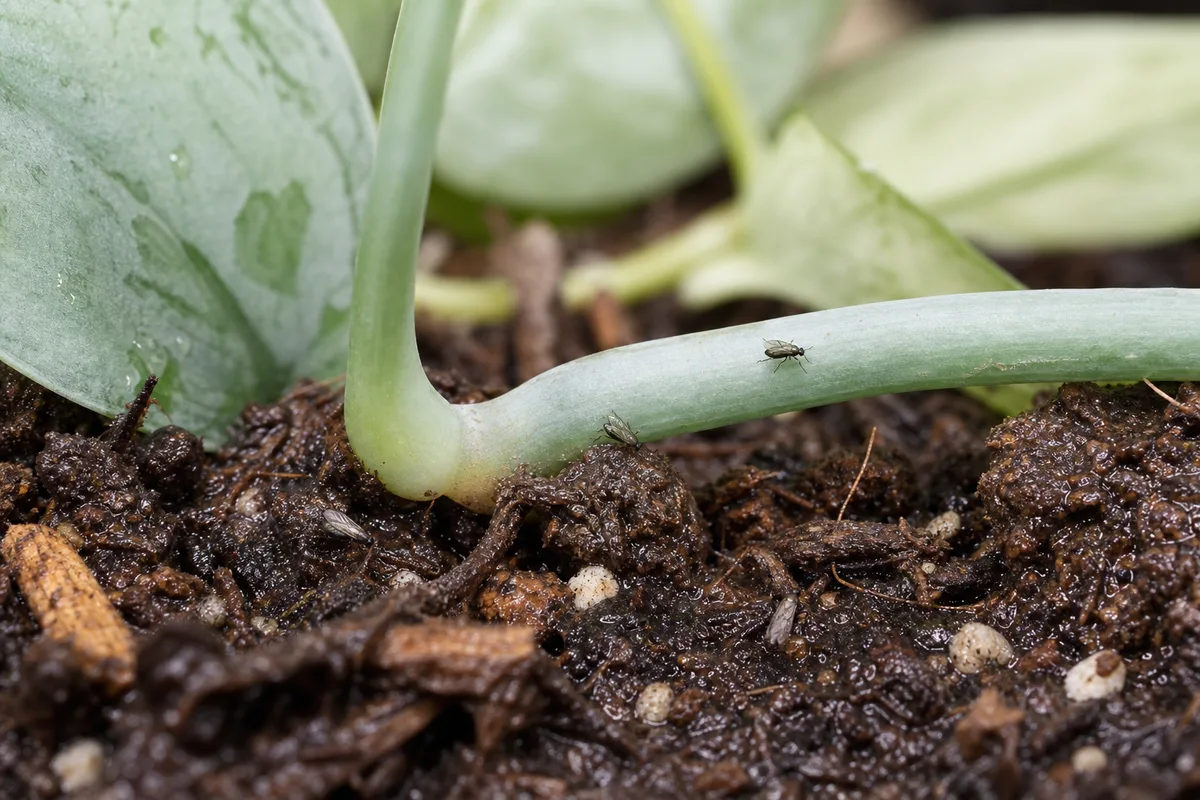 Close-up of fungus gnats on Cebu Blue Pothos - tiny dark flies on moist potting mix near the vine stem base
