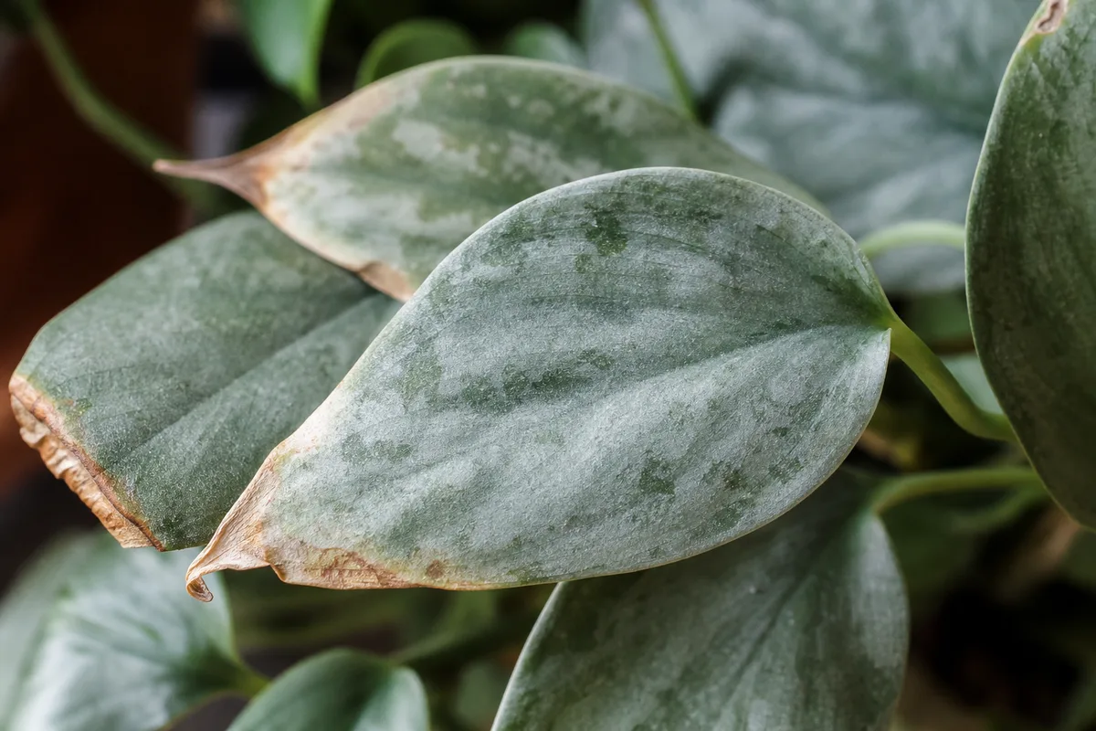 Close-up of low humidity damage on Cebu Blue Pothos - brown papery tips and margins on silvery blue-green arrow leaves