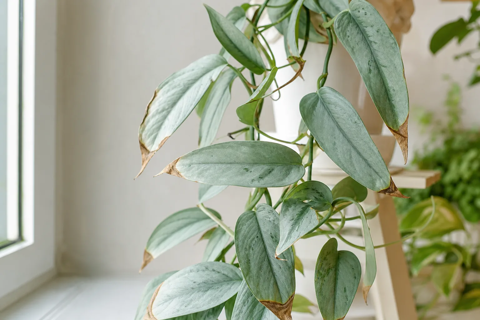 Low humidity on Cebu Blue Pothos - brown papery leaf tips and margins on silvery blue-green arrow leaves