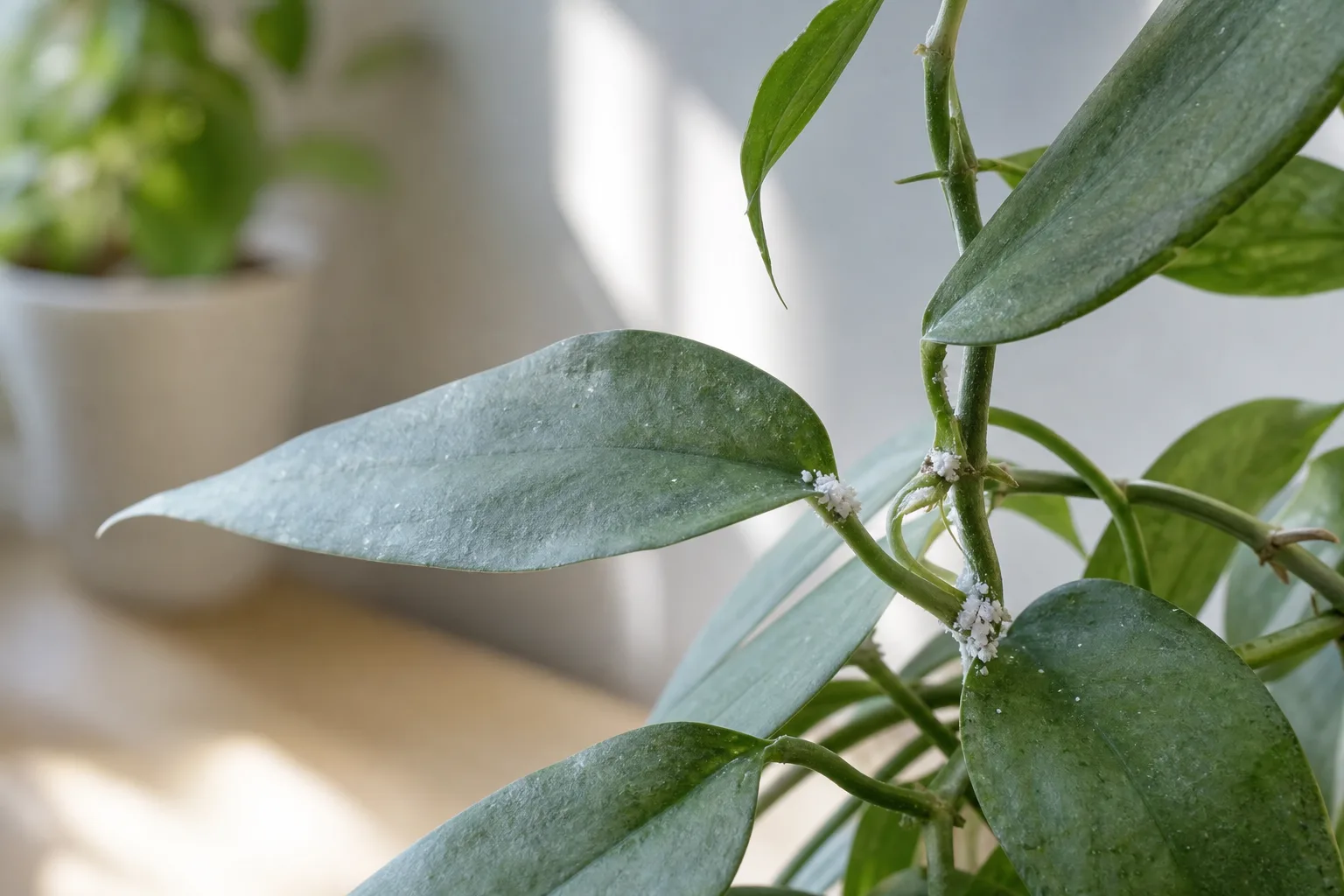 Mealybugs on Cebu Blue Pothos - white cottony wax masses in leaf axils along a silvery blue-green vine