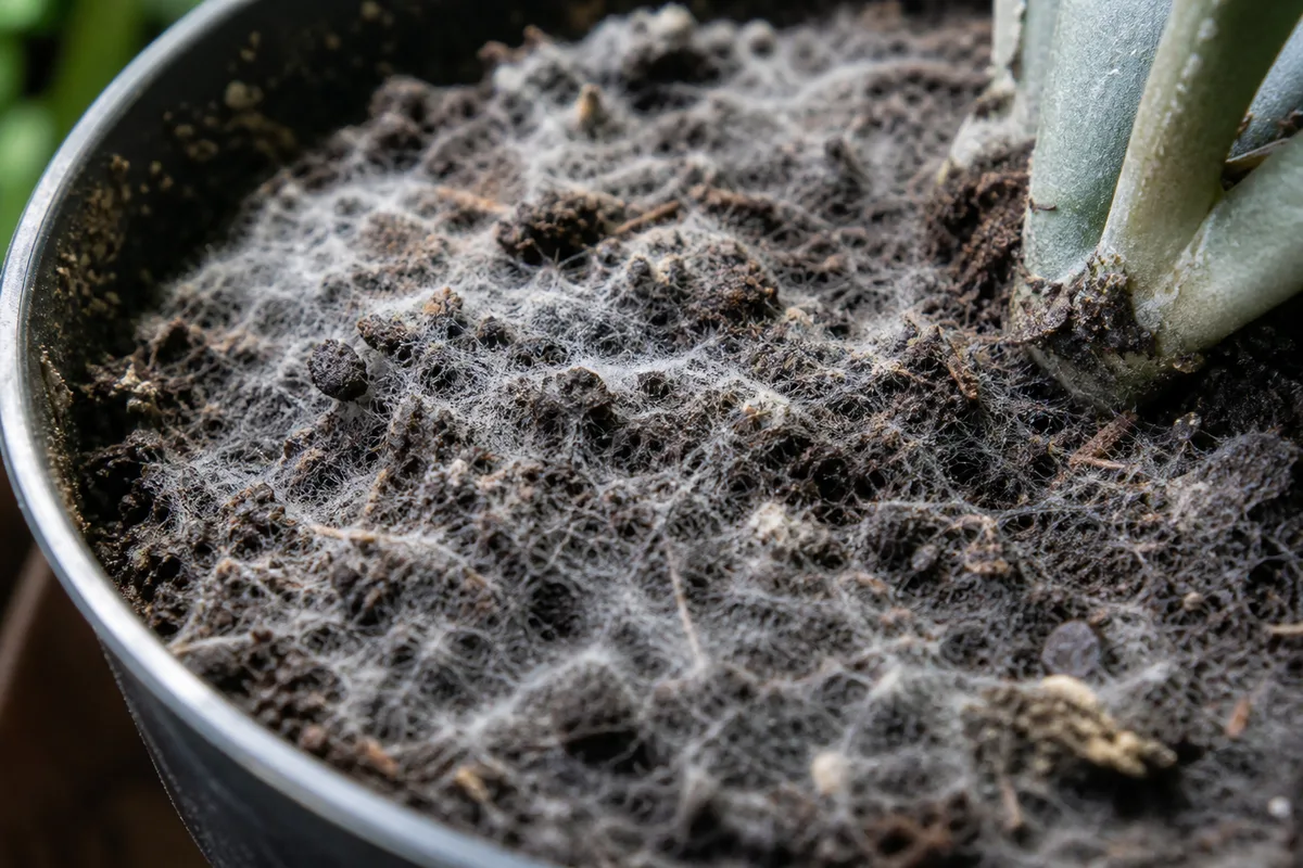 Close-up of mold on Cebu Blue Pothos soil - white fuzzy saprophytic growth on the wet potting mix surface