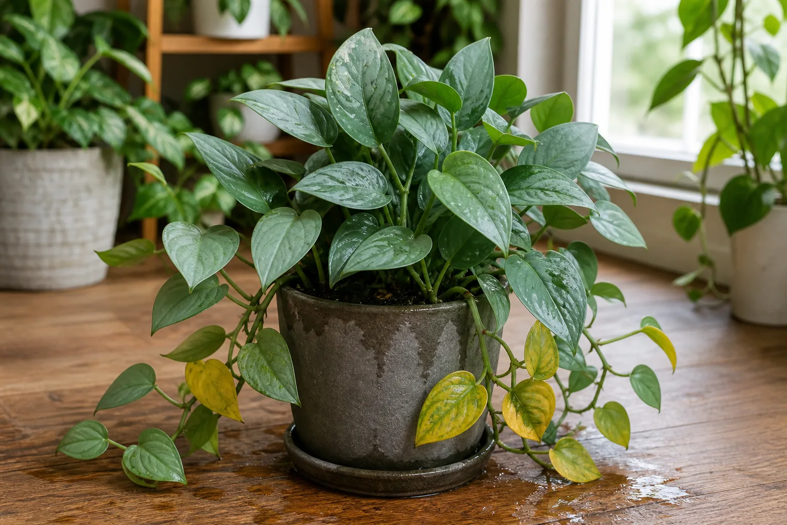 Root rot on Cebu Blue Pothos - yellow lower leaves on a trailing vine with wet heavy potting soil