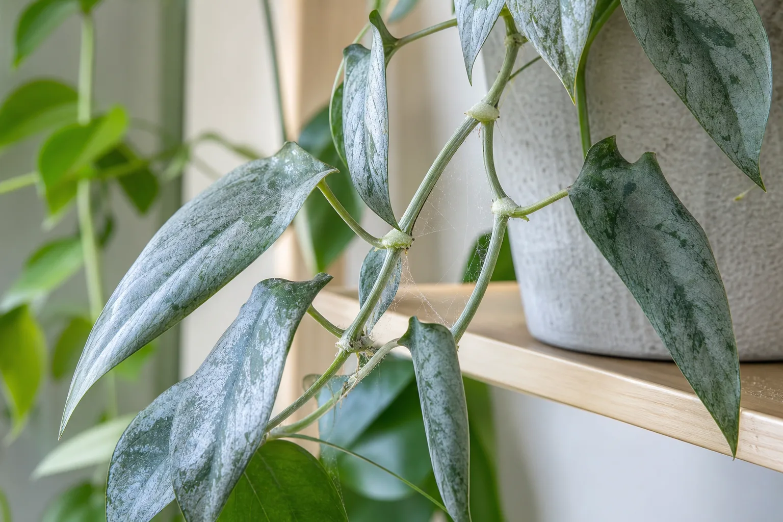 Spider mites on Cebu Blue Pothos - dull gray stippling and fine webbing on silvery blue-green arrow leaves