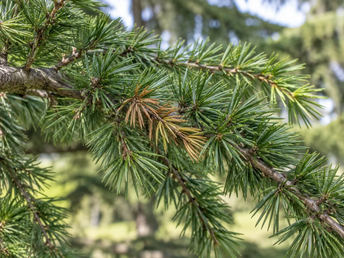 Close view of a Cedar of Lebanon branch with a localized patch of older needles turning tan while most needles remain green