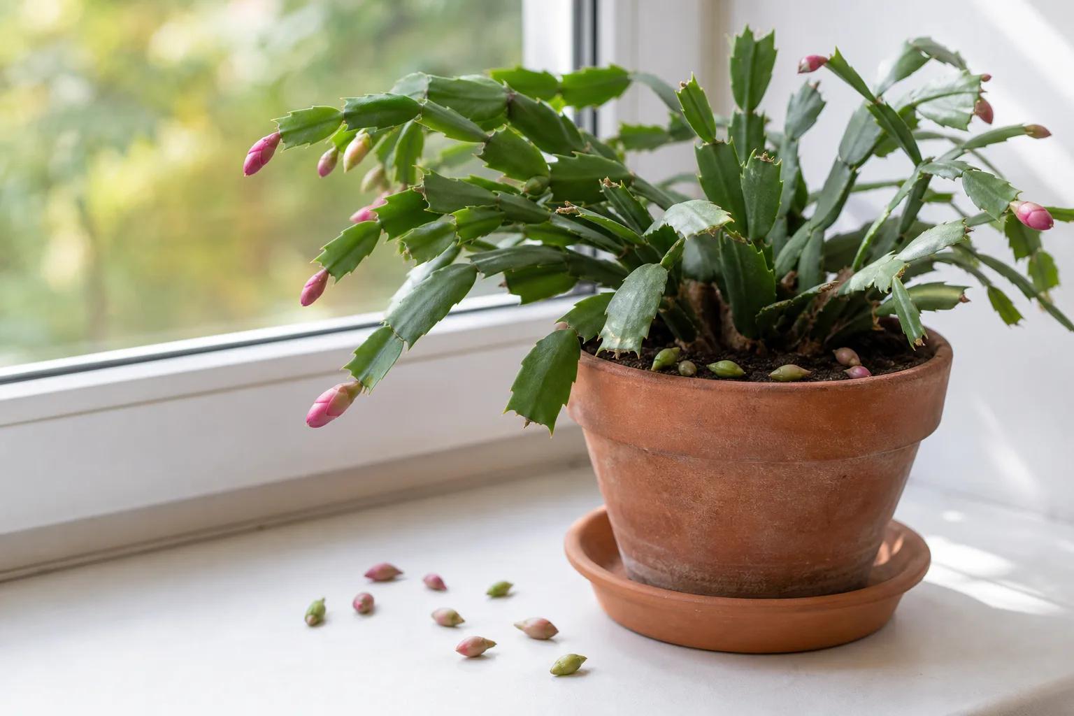 Christmas cactus stem tips with aborted unopened flower buds after indoor bud drop