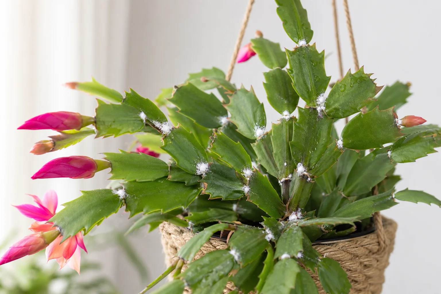 Mealybugs on Christmas cactus - white cottony wax tufts in cladode segment joints