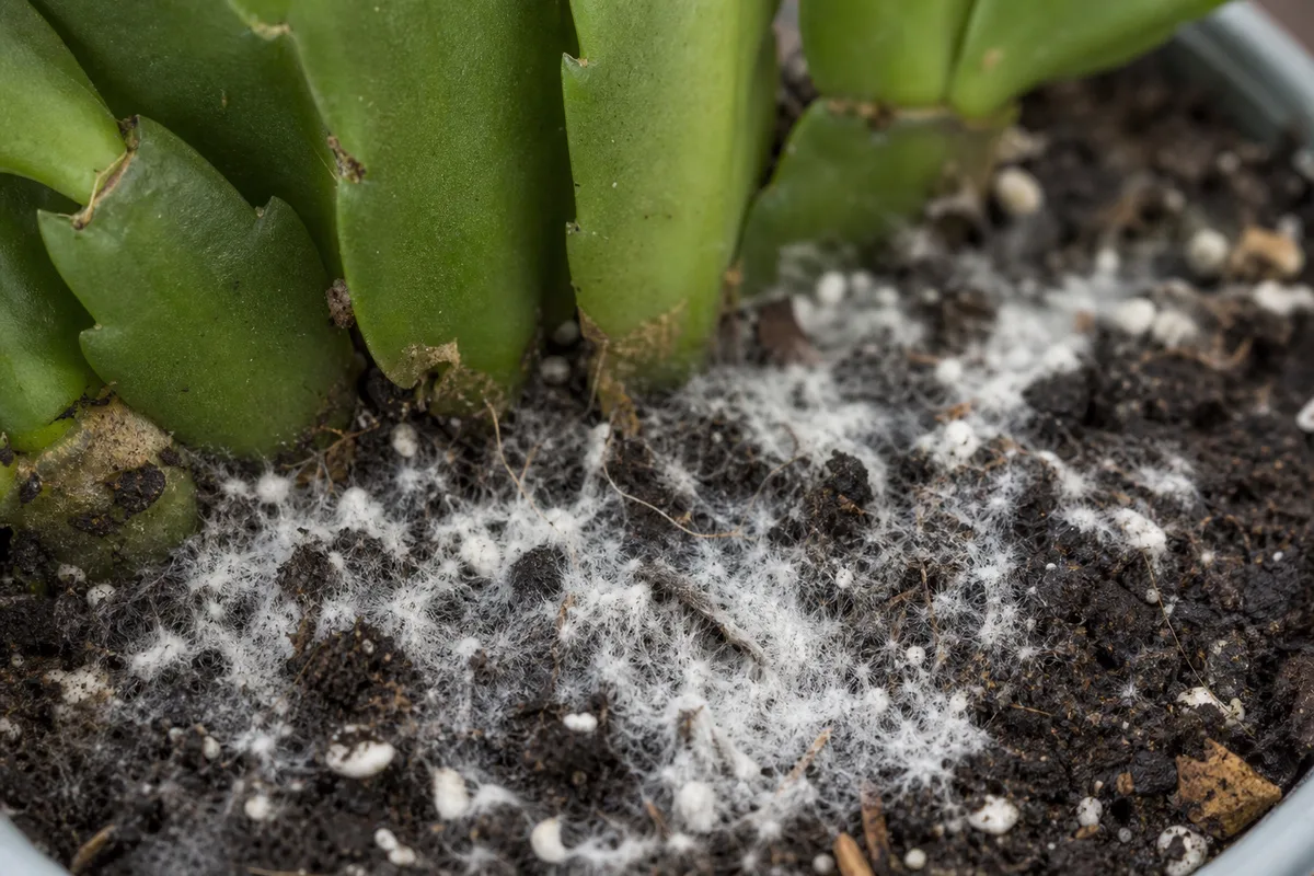 Close-up of mold on Christmas Cactus soil - white cottony saprophytic fuzz on damp potting mix