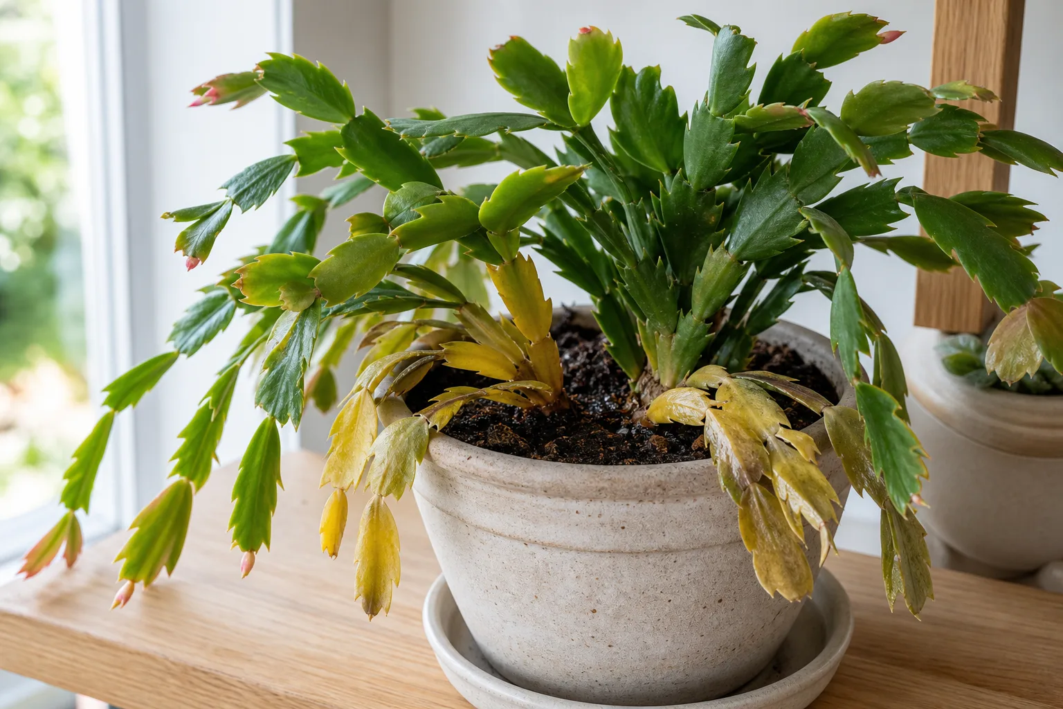 Root rot on Christmas cactus - yellow translucent basal phylloclades on wet heavy soil