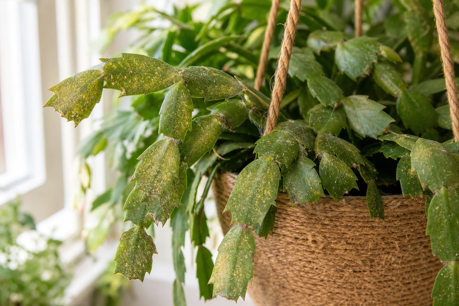 Spider mites on Christmas cactus - fine yellow stippling and silk webbing at segment joints