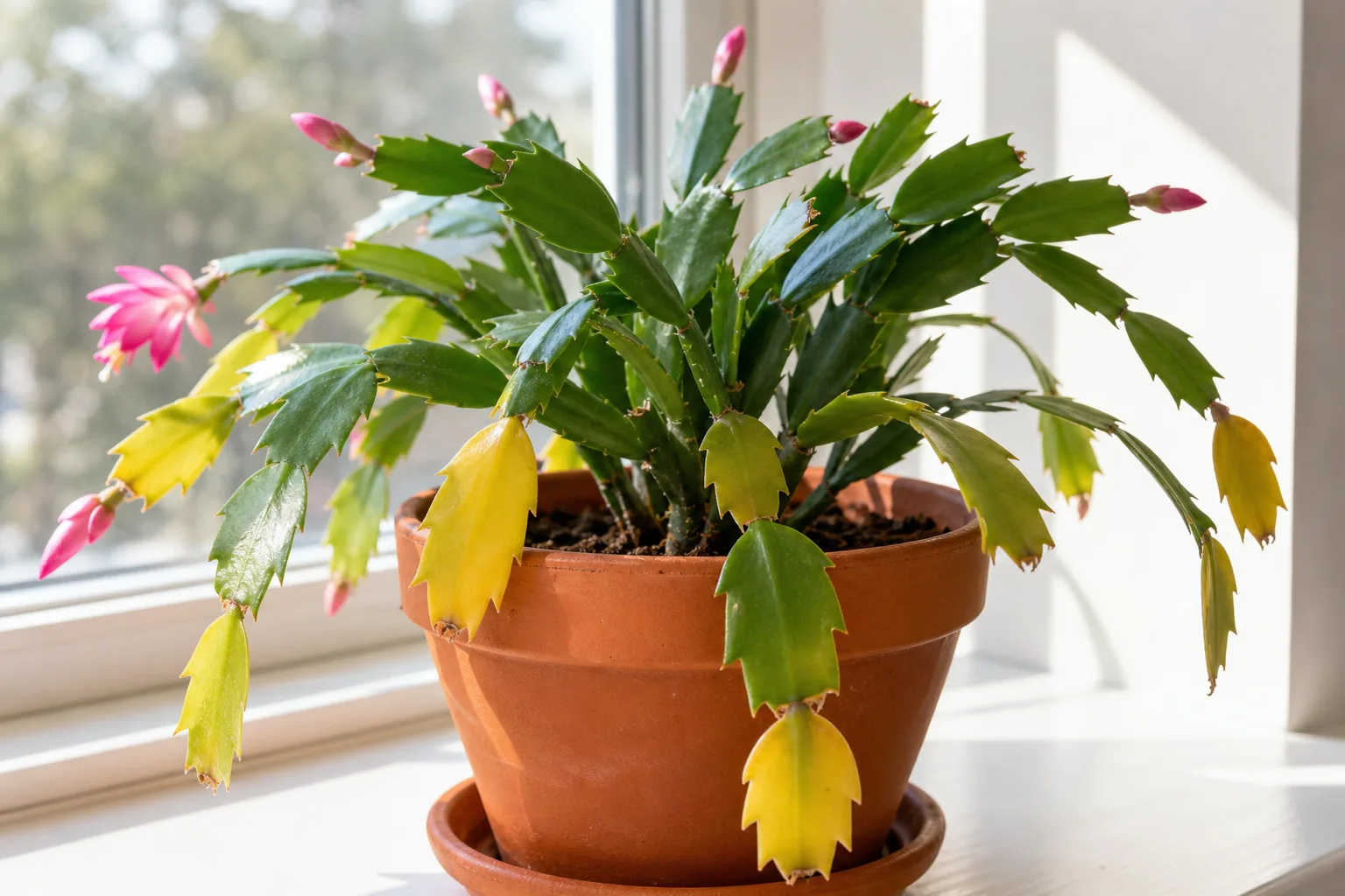 Yellow leaves on Christmas cactus - yellow fading phylloclade segments on basal chains while terminal growth stays green