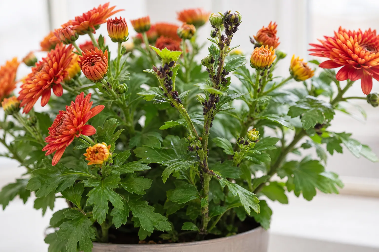Aphids on chrysanthemum - dark clusters on terminal buds and tender new shoots