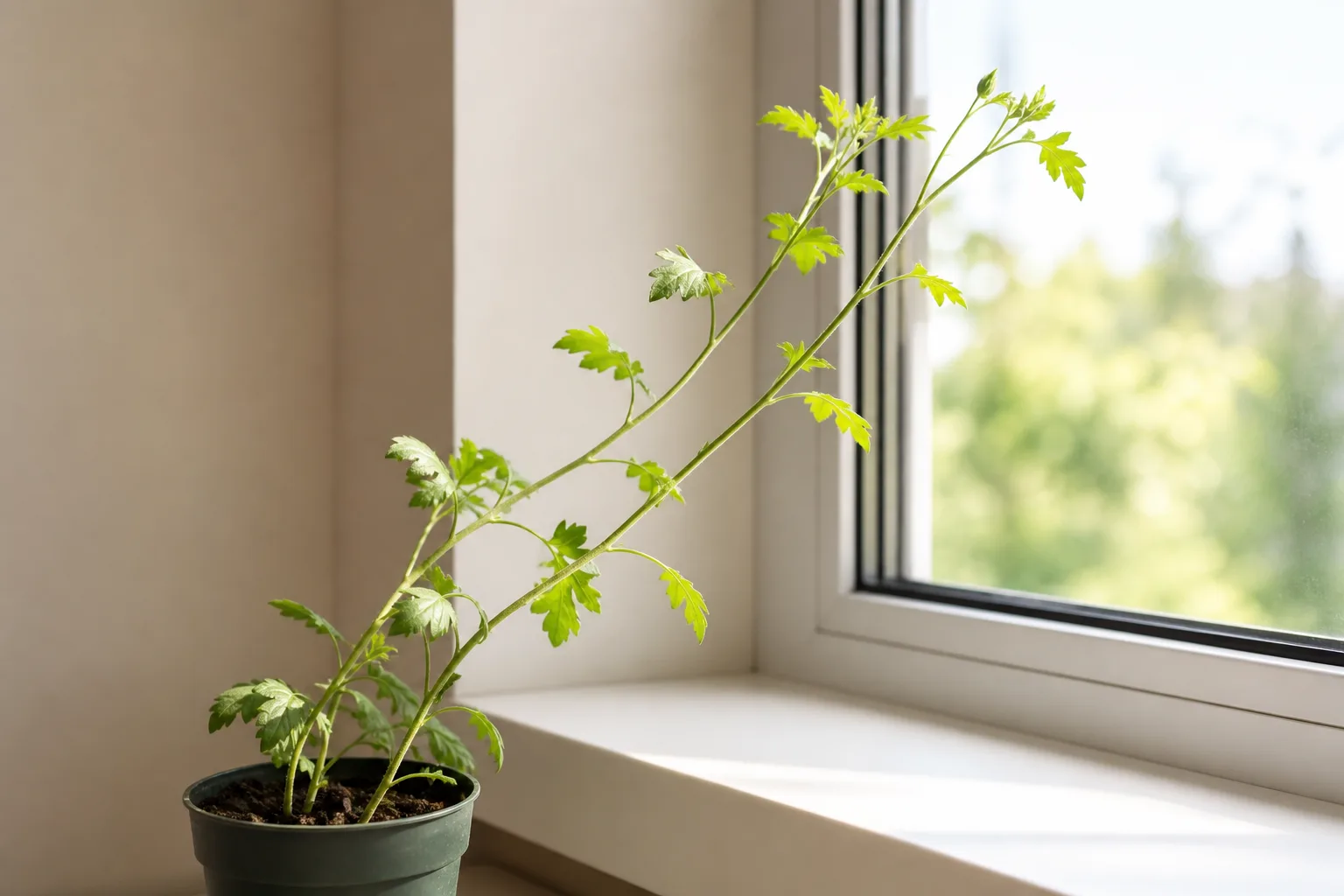 Leggy growth on chrysanthemum - stretched stems with long internodes leaning toward a bright window