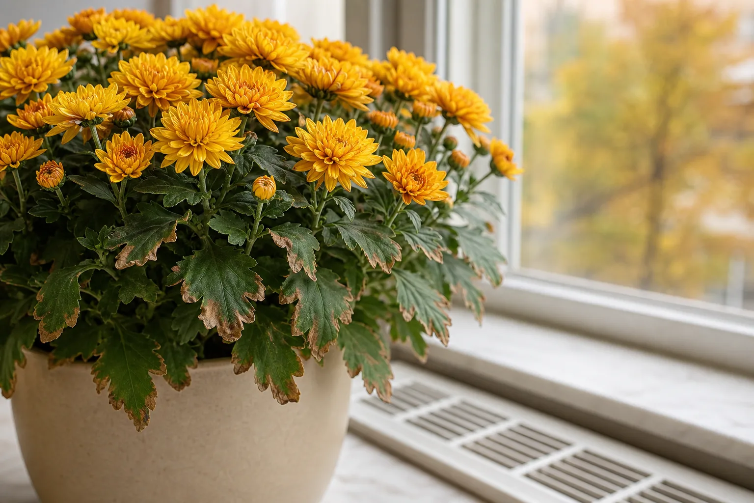 Low humidity on chrysanthemum - crisp brown dry leaf margins on a blooming pot mum near indoor heat