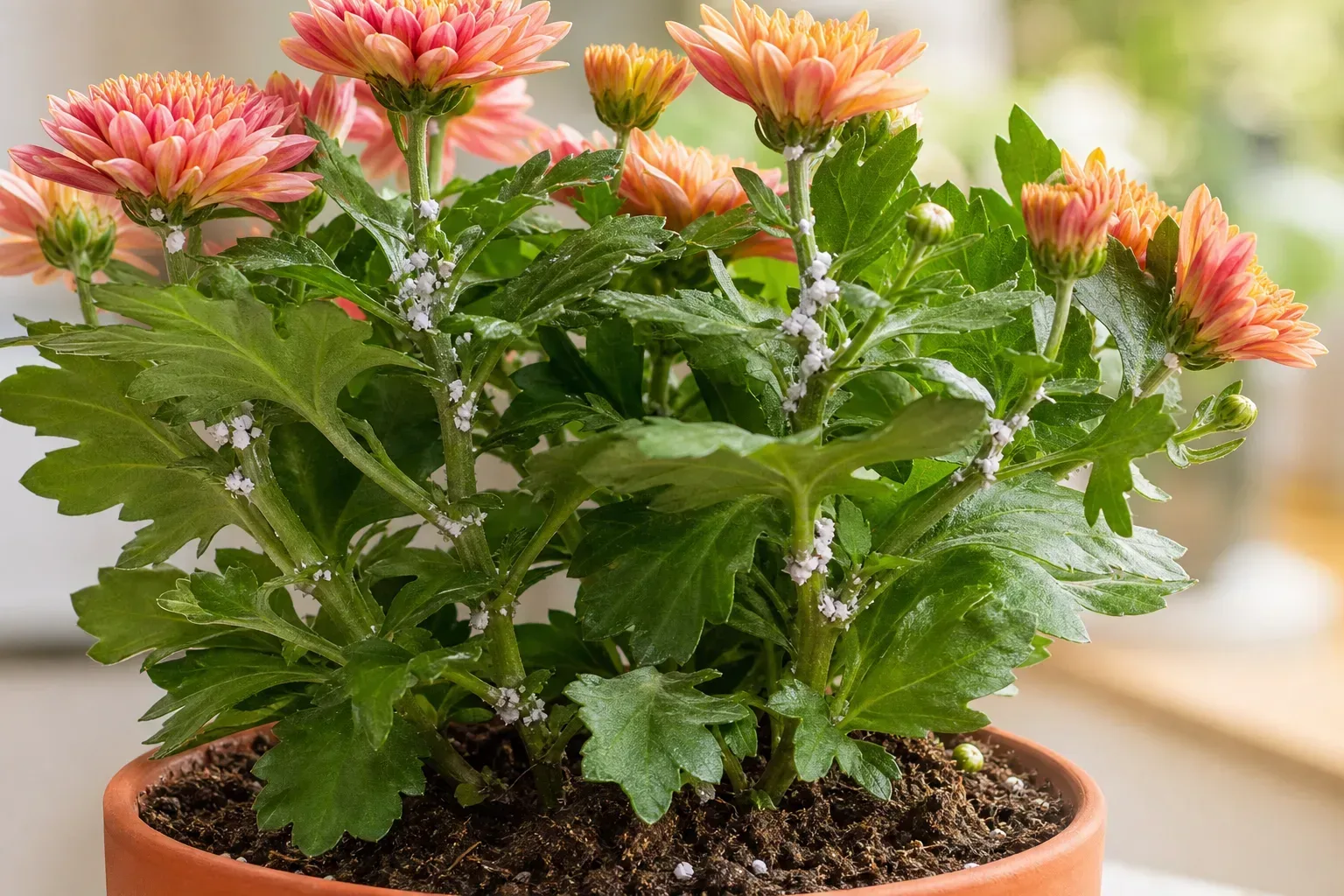 Mealybugs on chrysanthemum - white cottony clusters in leaf axils along stems