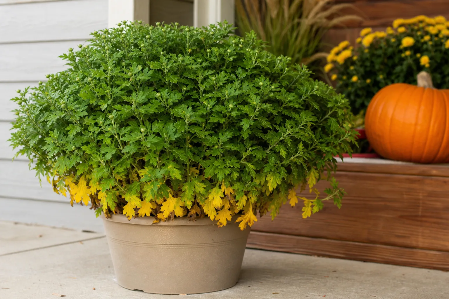 Yellow leaves on chrysanthemum - yellowing lower leaves on outer branches with greener crown growth on an autumn porch mum