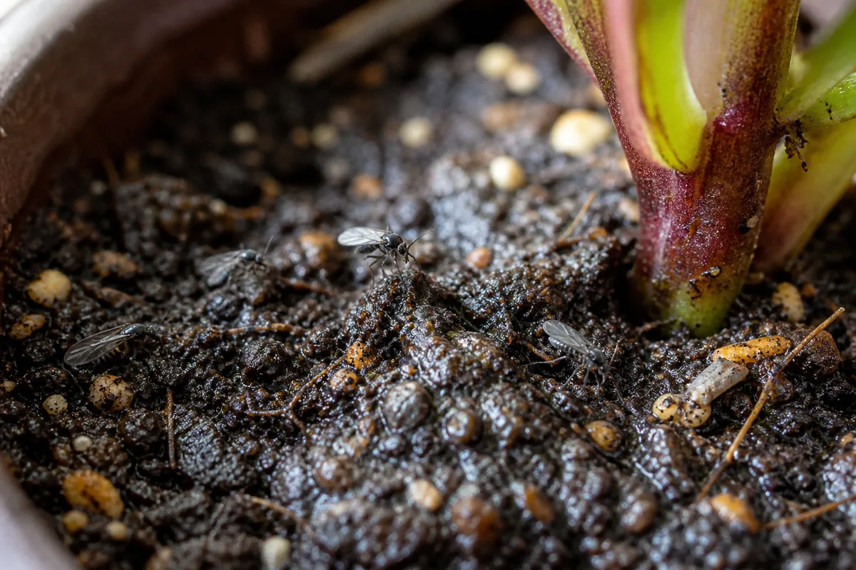 Close-up of fungus gnats on coleus - tiny dark flies on damp potting mix at the soil surface