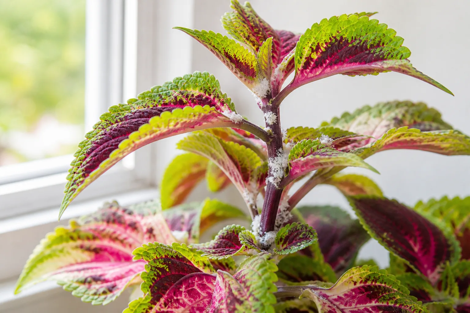 Mealybugs on Coleus - white cottony clusters tucked into leaf axils on colorful stems