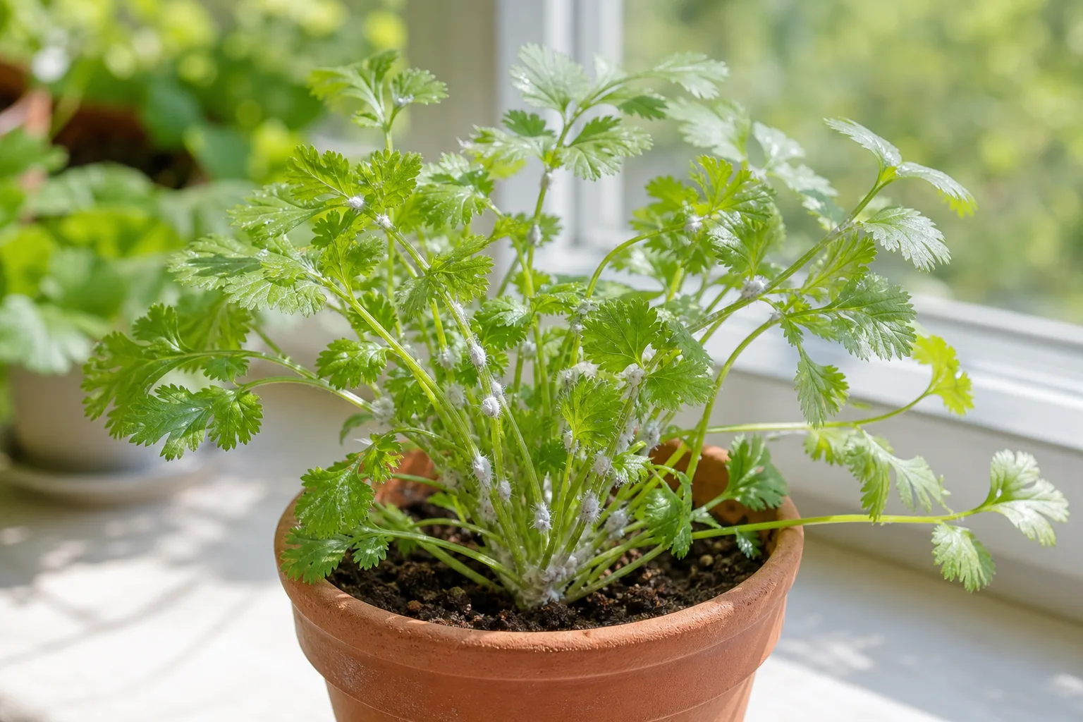 Mealybugs on coriander - white cottony clumps in feathery leaf axils on a windowsill cilantro pot