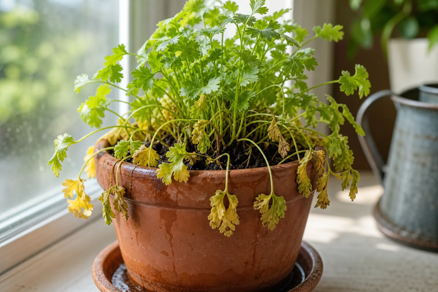 Overwatering on Coriander - visible symptom on the plant