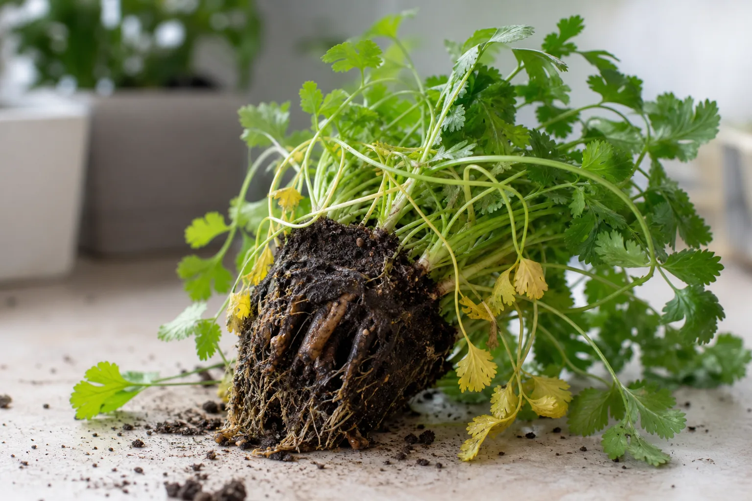 Root Rot on Coriander - visible symptom on the plant
