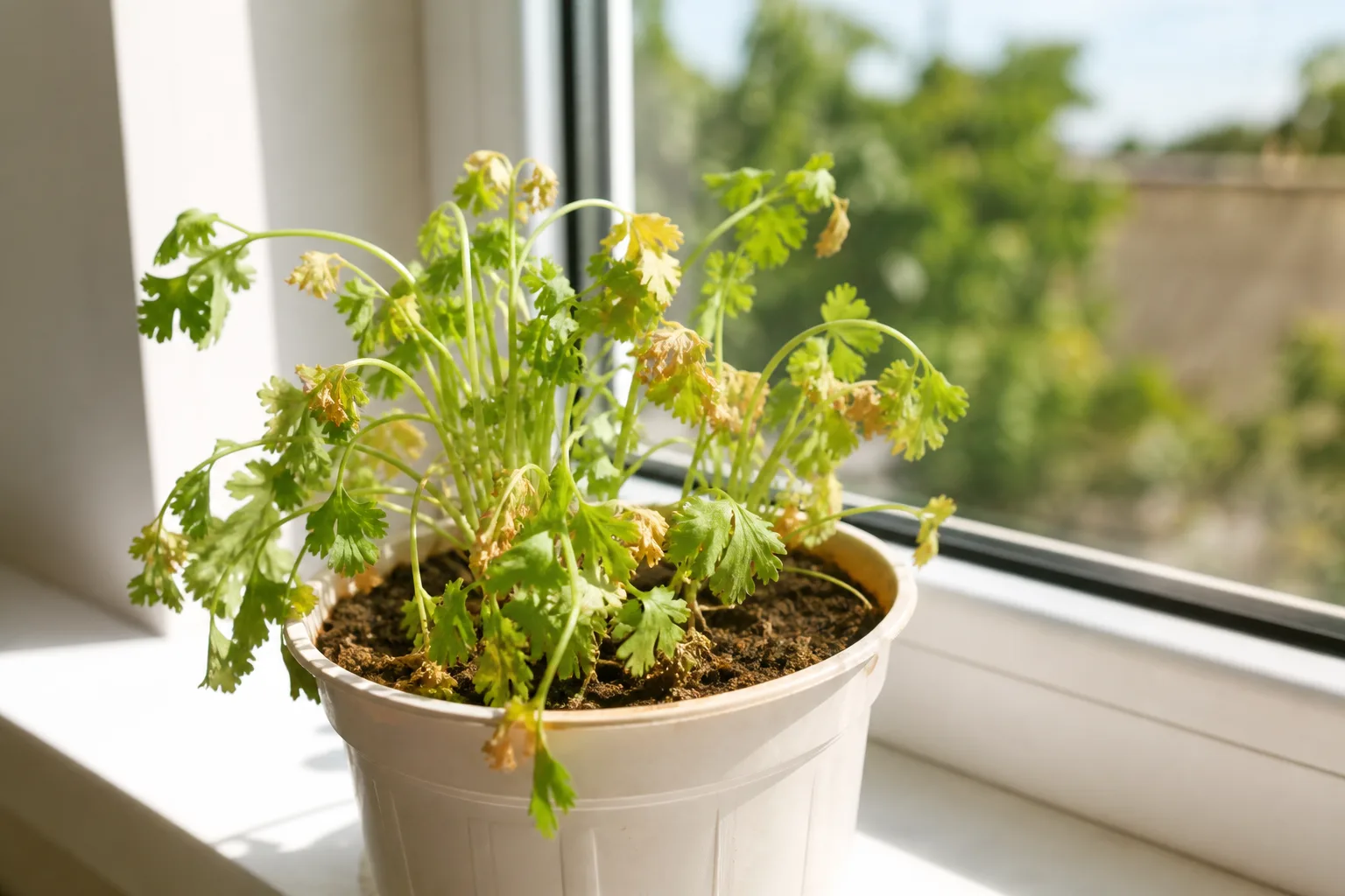 Underwatering on coriander - limp wilted leaves and dry soil pulled from pot edges