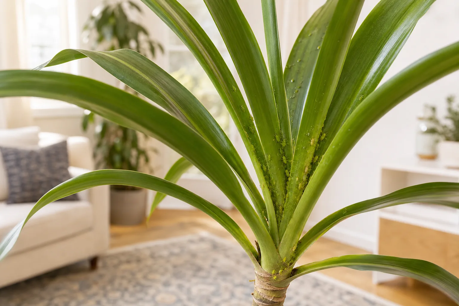 Aphids on corn plant - soft insects clustered at the crown whorl of Dracaena fragrans strap leaves
