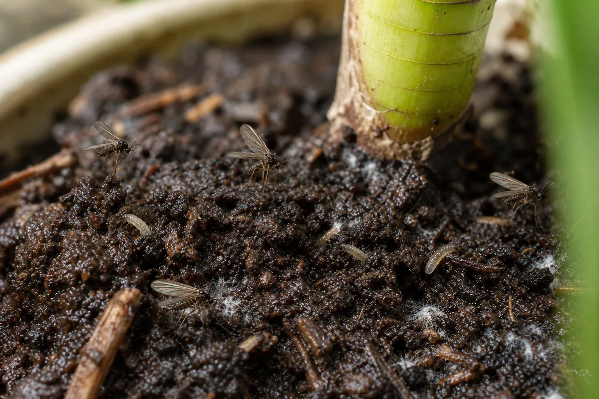 Close-up of fungus gnats on corn plant - tiny dark flies and damp soil surface at the cane base