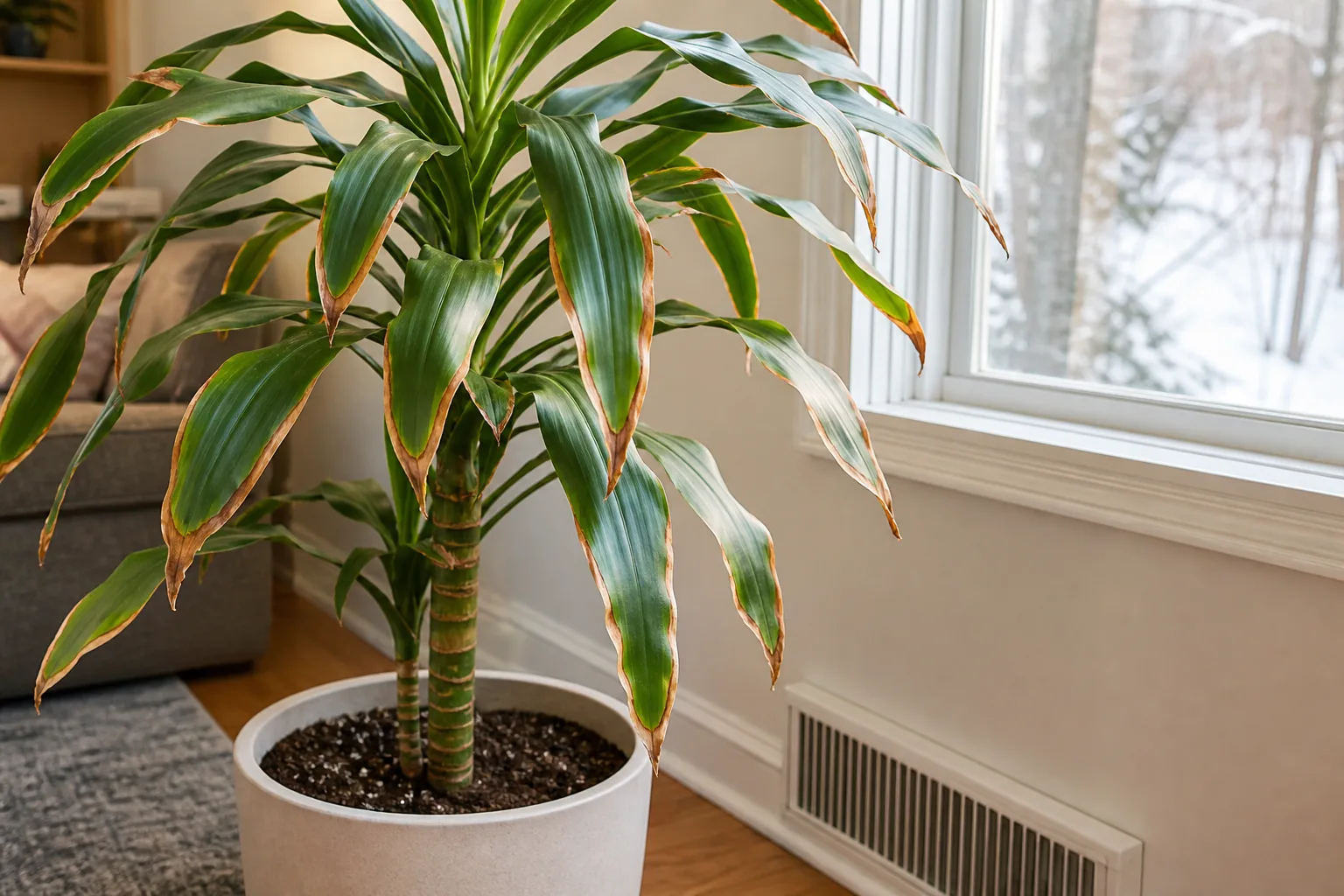 Low humidity on corn plant - dry brown crispy margins on Dracaena fragrans strap leaves near a heater