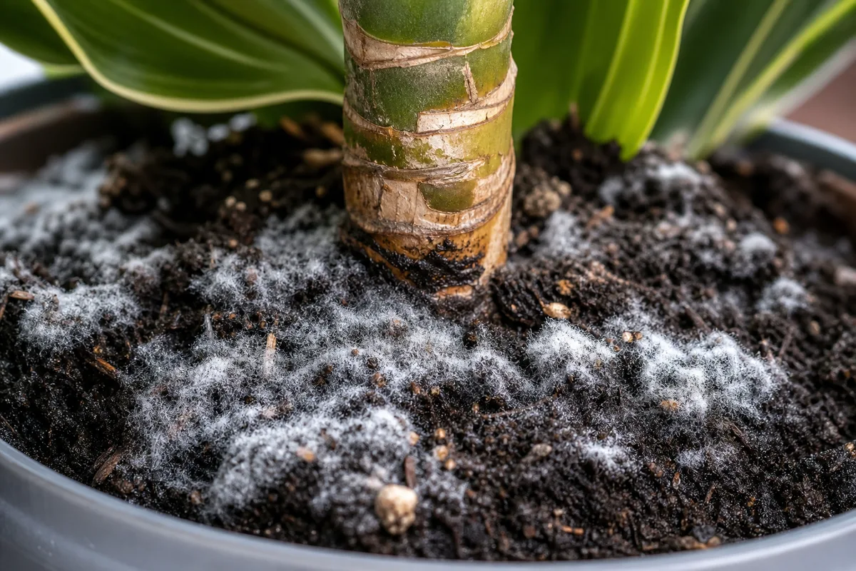 Close-up of mold on soil on Corn Plant - white cottony fungus on damp potting mix surface