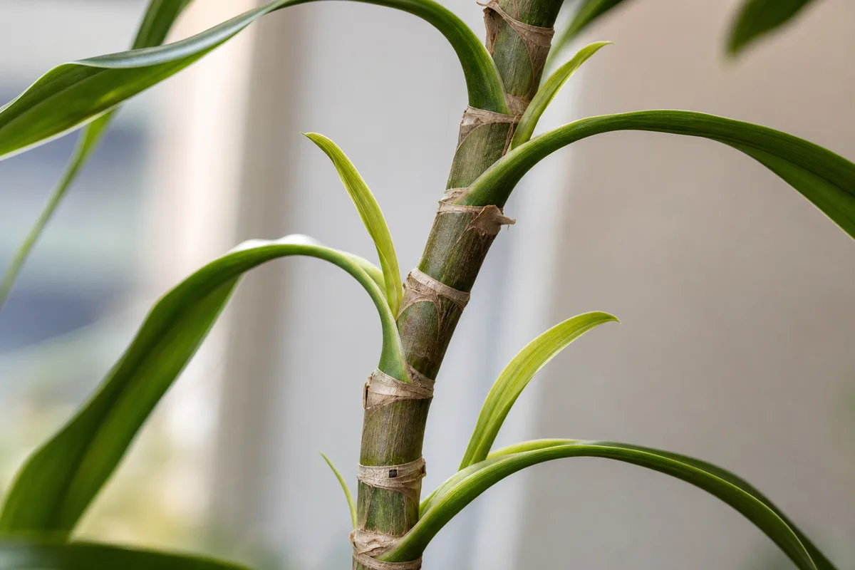 Close-up of not enough light on Corn Plant - long internode spacing and smaller pale new strap leaves