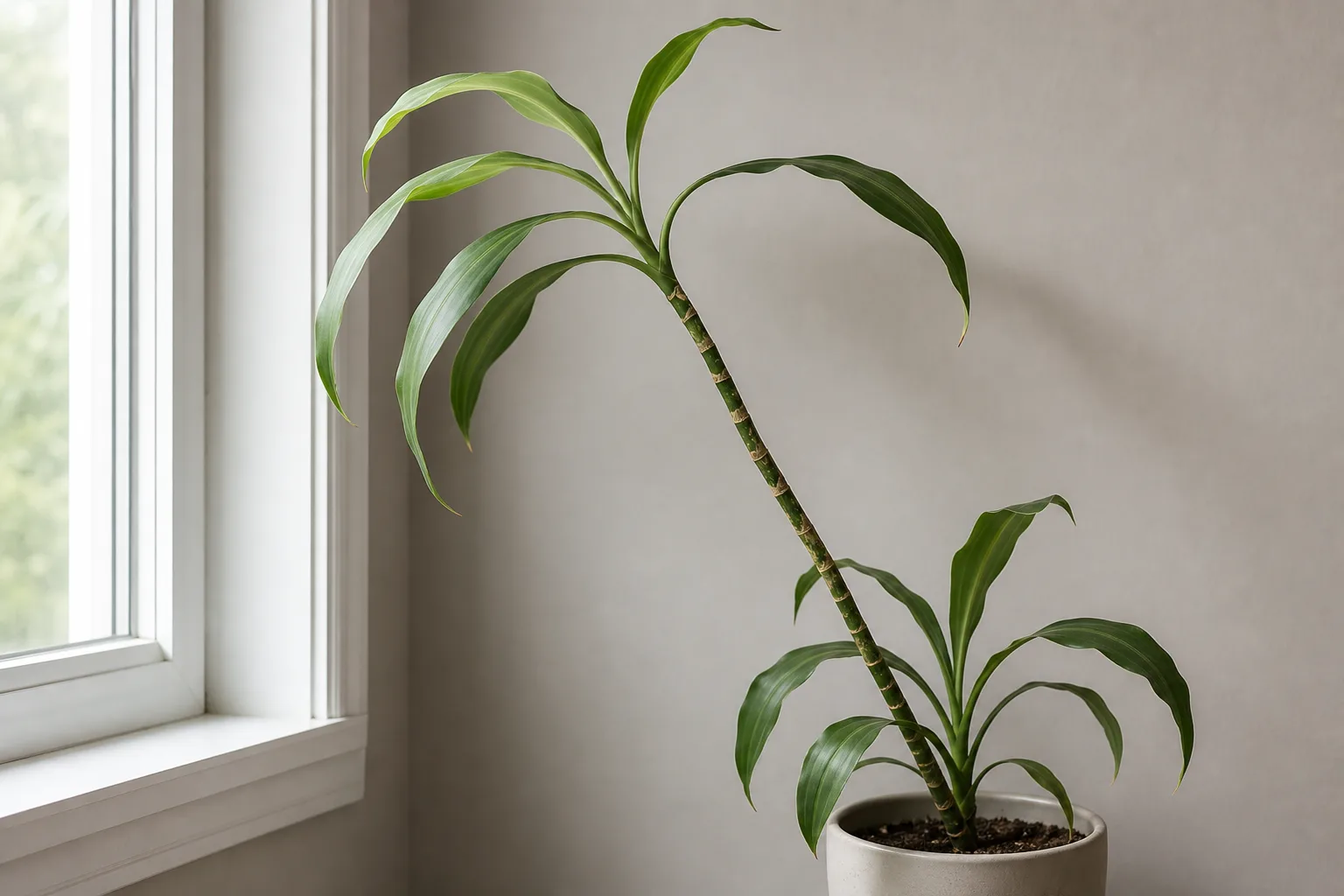Not enough light on Corn Plant - sparse crown with stretched internodes leaning toward a window