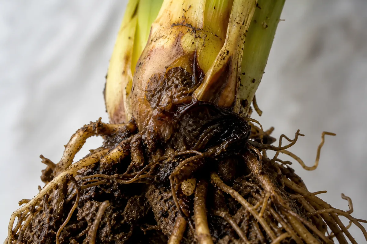 Close-up of Root Rot on Corn Plant - diagnostic detail