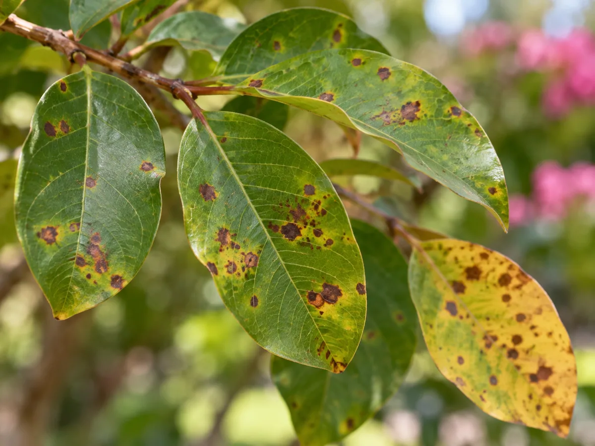 Crape myrtle leaves with brown spots and yellowing; spot patterns differ from dry leaf edges.