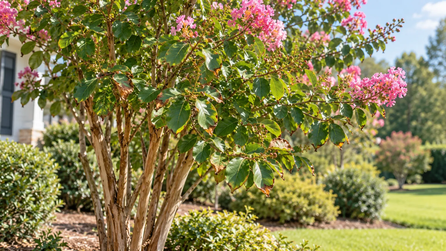 Crape myrtle with mostly green foliage and mild brown leaf edges and spots in a late-summer garden.