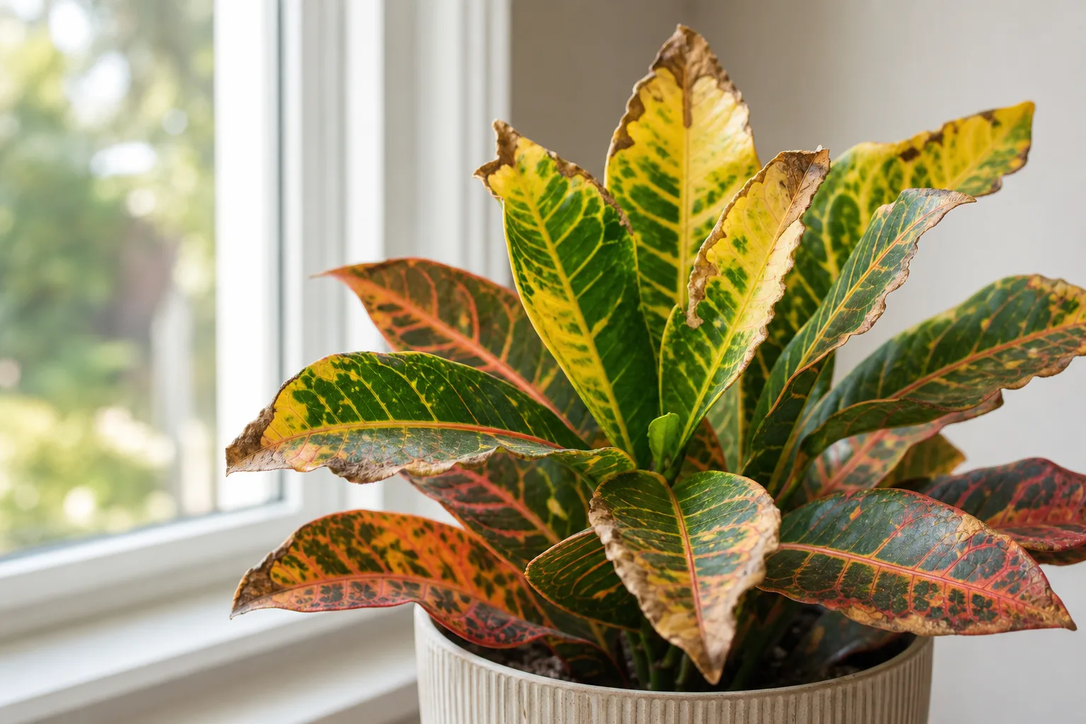 Low humidity on Croton - brown crispy leaf margins on colorful variegated foliage