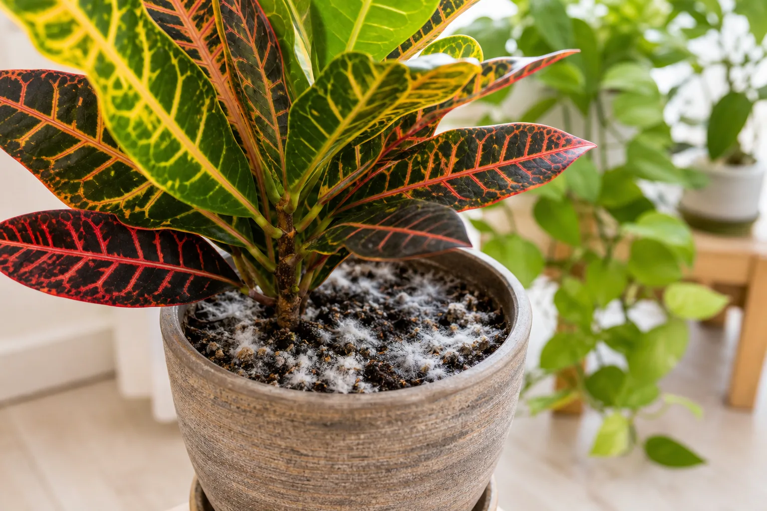 Mold on Soil on Croton - visible symptom on the plant