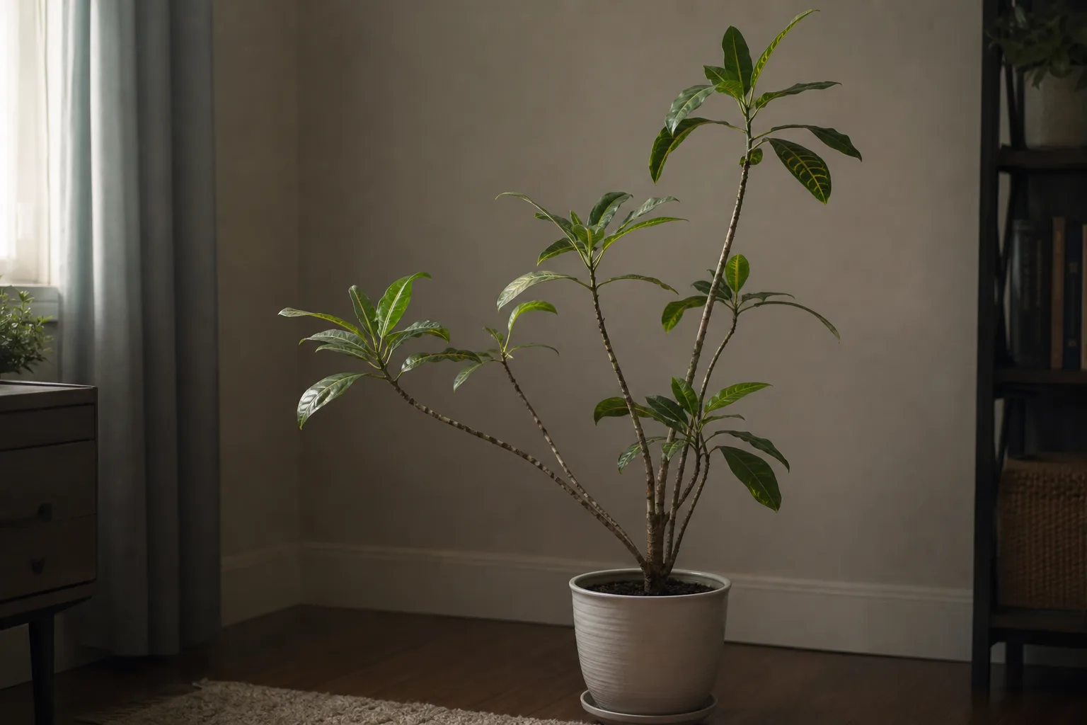 Not enough light on Croton - leggy green-reverted stems stretching toward a dim window
