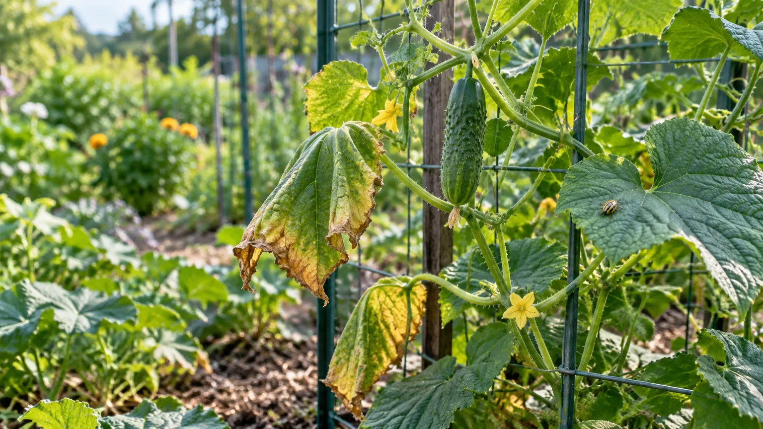 A cucumber vine with early bacterial wilt symptoms, showing yellowing and drooping leaves.