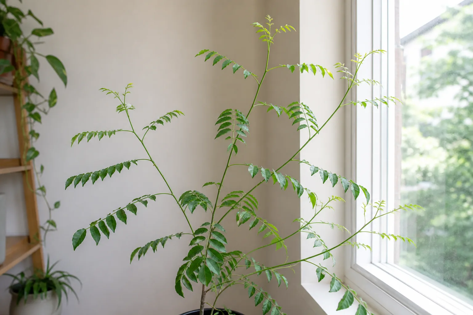Leggy growth on curry leaf plant - elongated stems with long bare gaps between compound leaf pairs, leaning toward a window