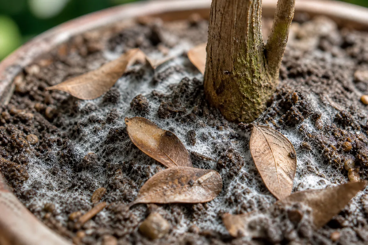 Close-up of Mold on Soil on Curry Leaf Plant - diagnostic detail