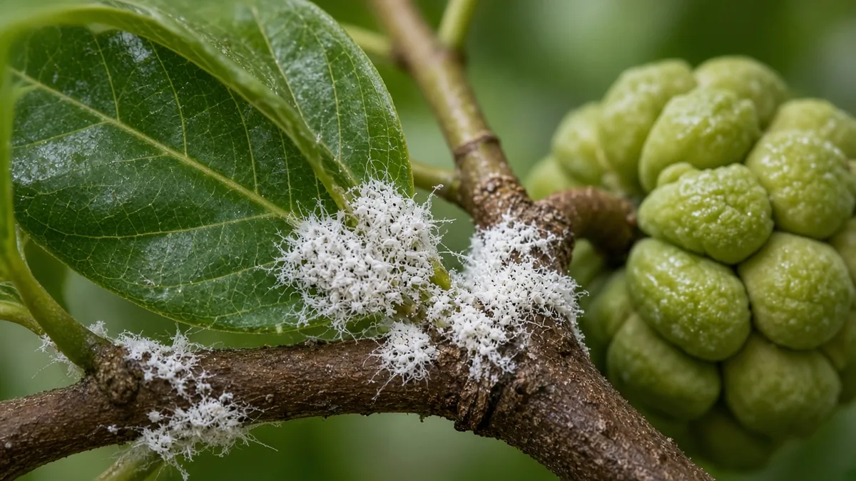 Close-up of white cottony mealybug clusters in a custard apple leaf axil beside a young knobby fruit