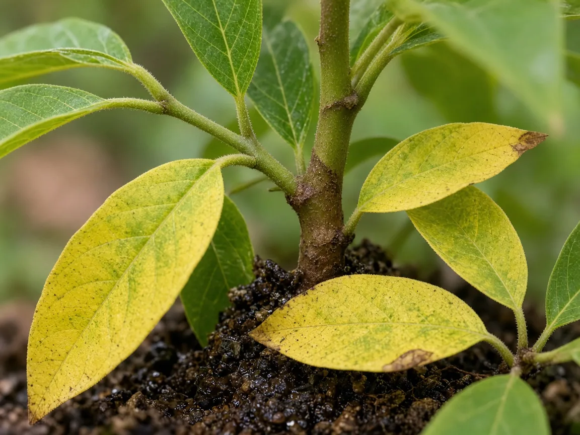 Close-up of overwatering on Custard Apple — yellowing lower leaves and dark wet potting mix at the stem base