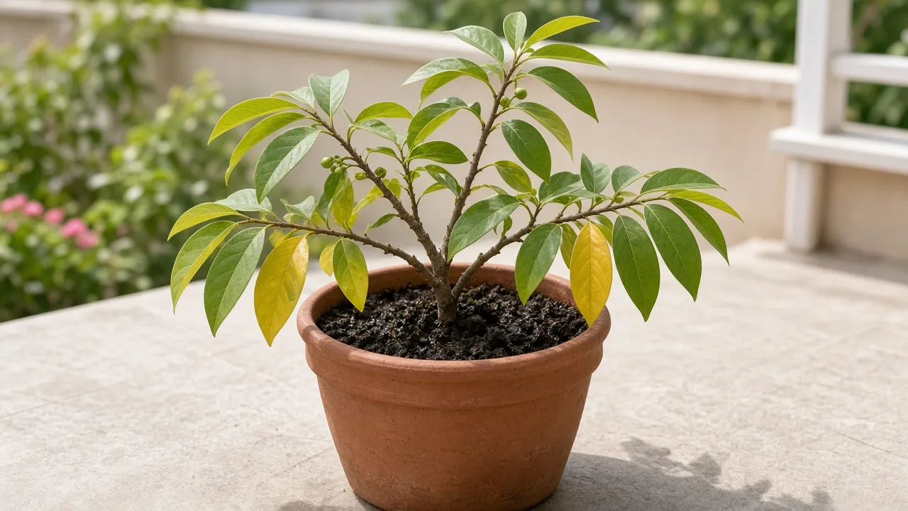 Overwatering on Custard Apple — yellowing lower leaves on a heavy wet terrace pot