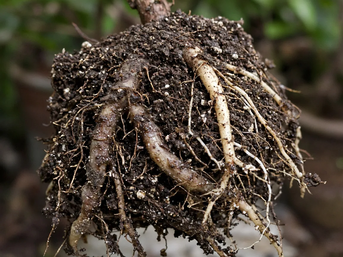 Close-up of root rot on Custard Apple — brown mushy roots during repot