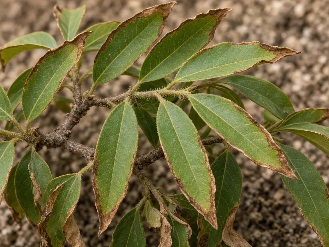 Close-up of dry curled Custard Apple leaf margins on zigzag twigs