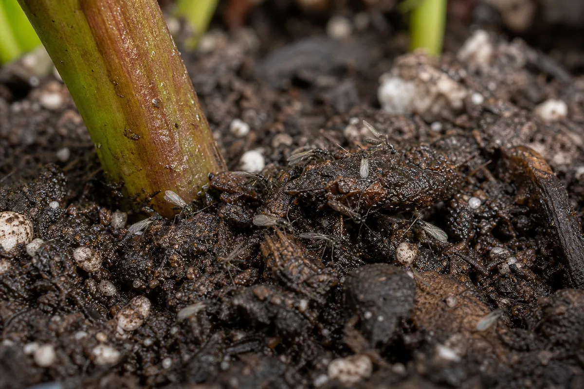 Close-up of Fungus Gnats on Dahlia - diagnostic detail