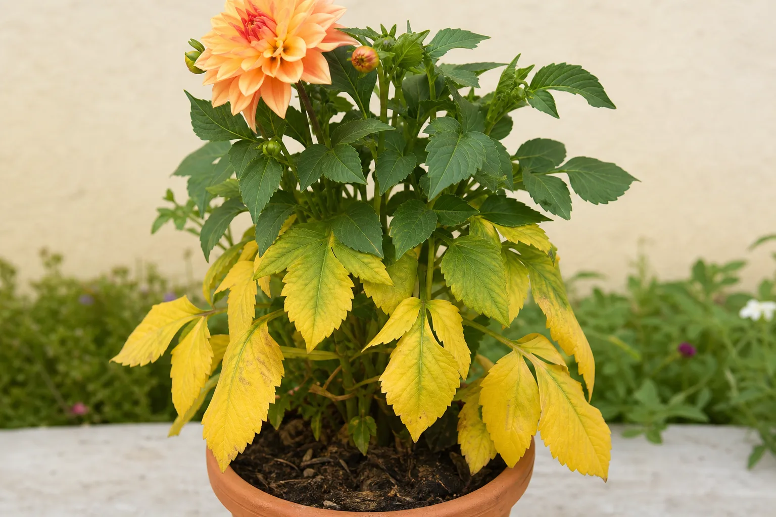 Yellow Leaves on Dahlia - visible symptom on the plant
