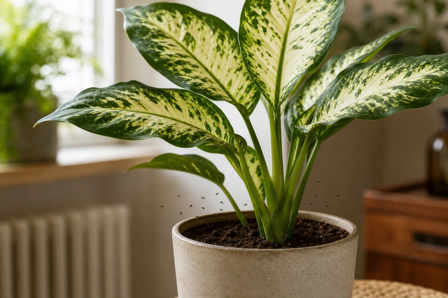 Fungus Gnats on Dieffenbachia Camille - visible symptom on the plant
